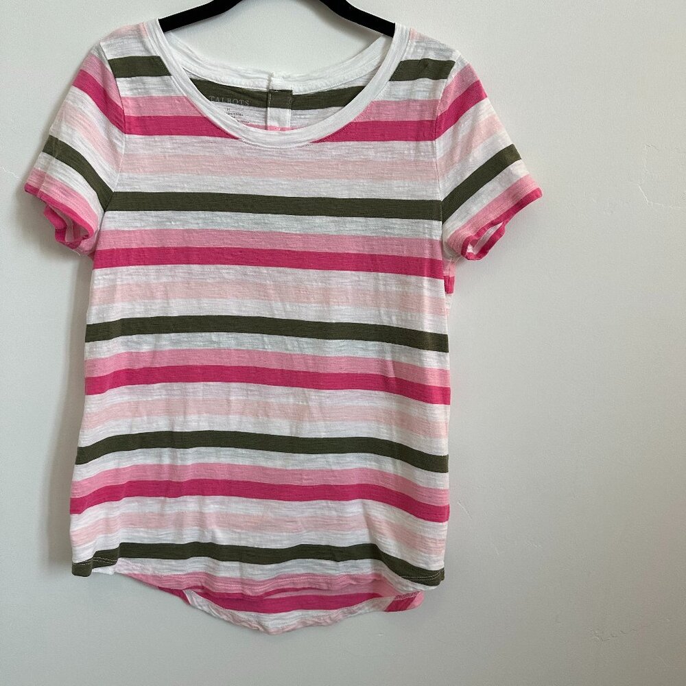 Talbots Striped Short Sleeve T-Shirt with Rounded Hem, Pink/Olive, Size Medium
